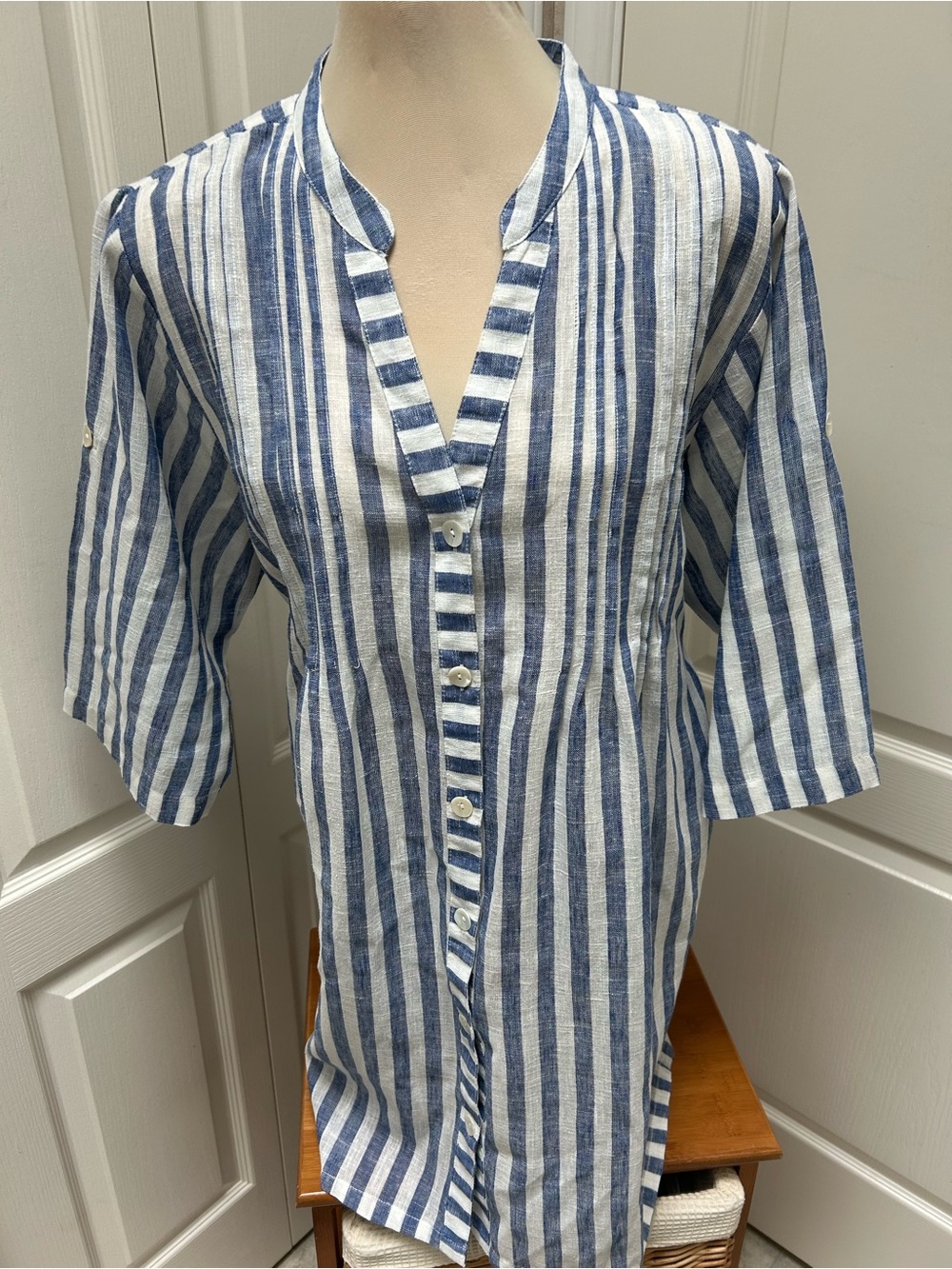 Blue and White Stripe Button-Front Blouse/Tunic